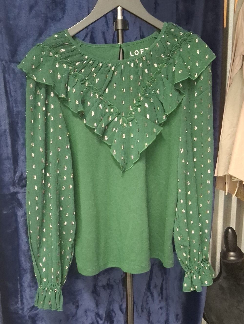 LOFT Emerald Green Ruffle-Neck Long Sleeve Top with Metallic Dot Accents